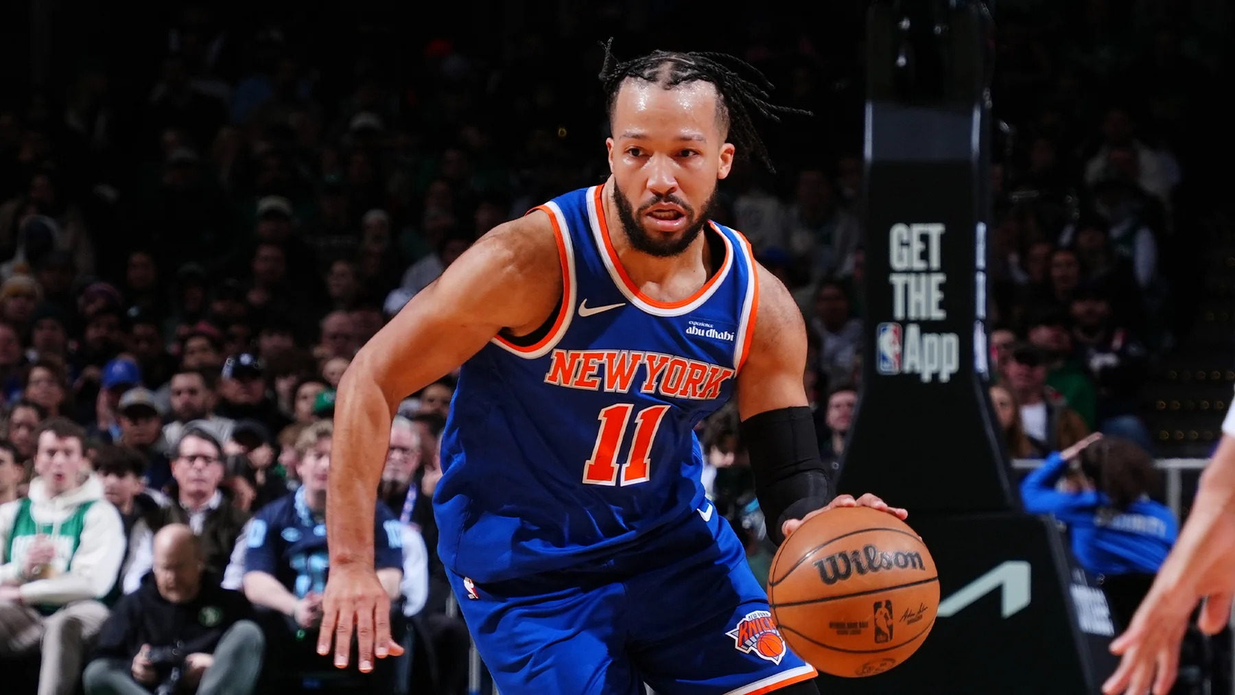 Boston Celtics and New York Knicks players competing in an Eastern Conference game