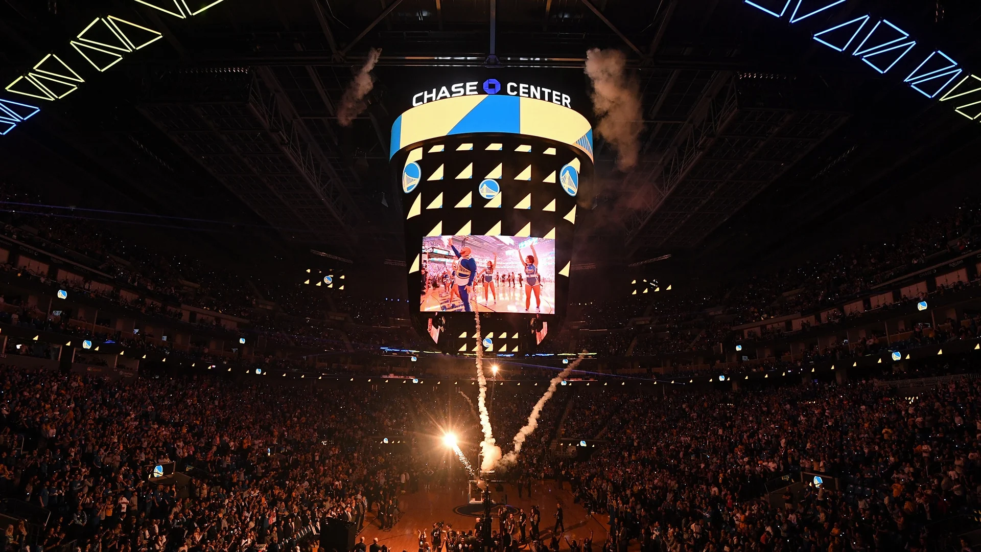 Warriors pregame introductions inside a full Chase Center in San Francisco