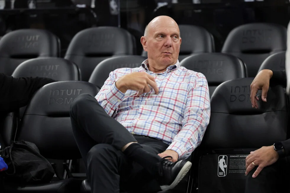 LA Clippers owner Steve Ballmer seated courtside at Intuit Dome