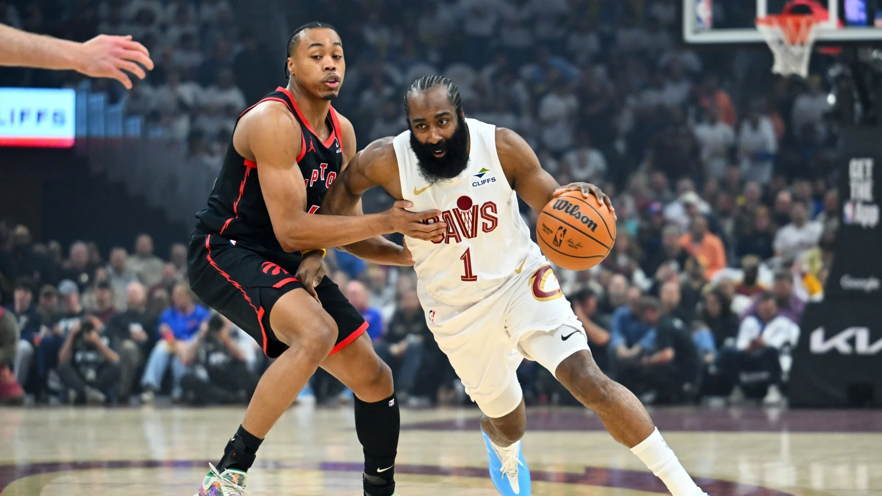 Scottie Barnes defending James Harden during a Toronto Raptors playoff game