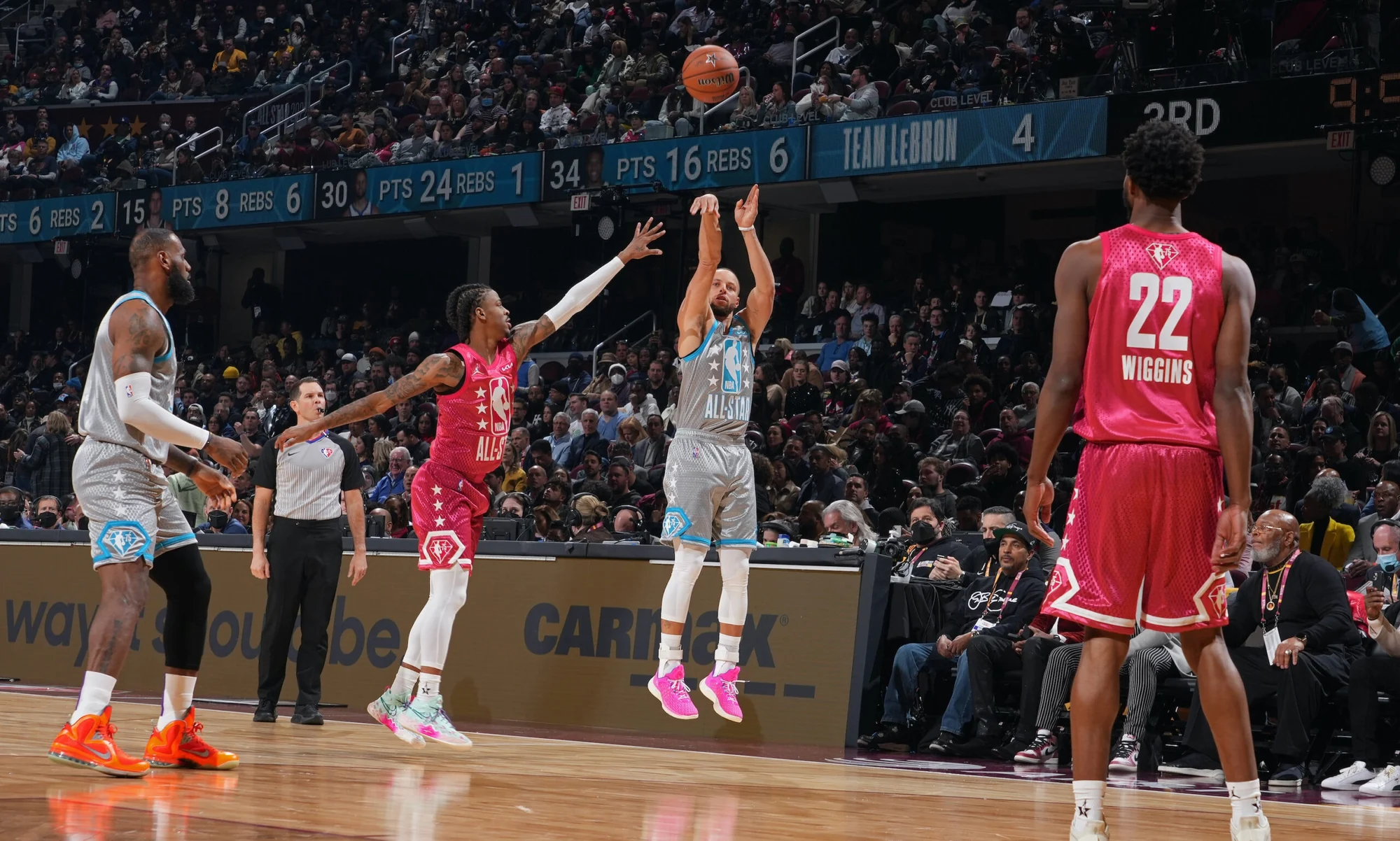 Stephen Curry shooting during the 2022 NBA All-Star Game in Cleveland