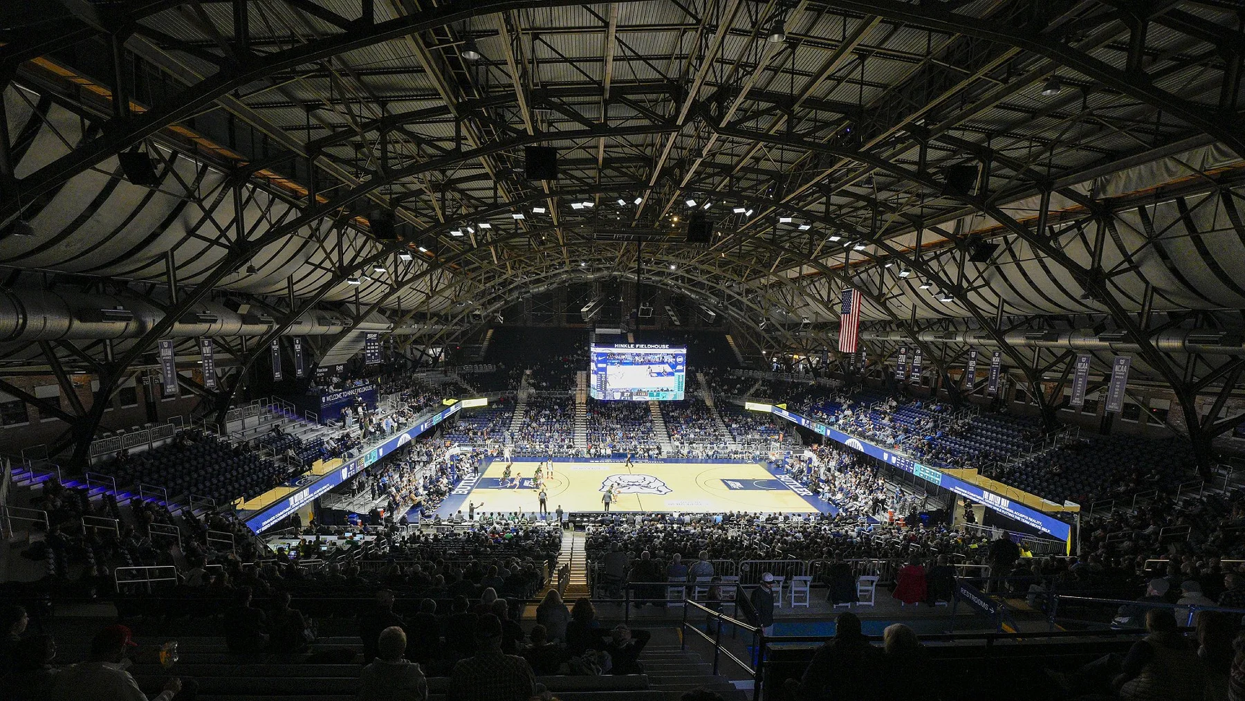 Interior of Hinkle Fieldhouse with the basketball court and historic stands
