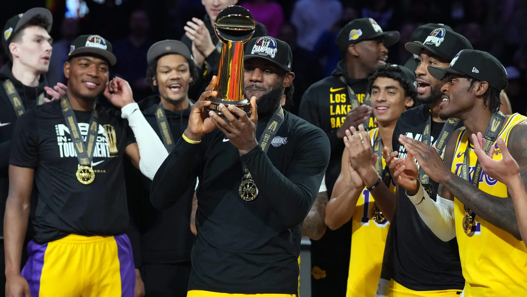 Los Angeles Lakers celebrating their inaugural 2023 NBA Cup championship