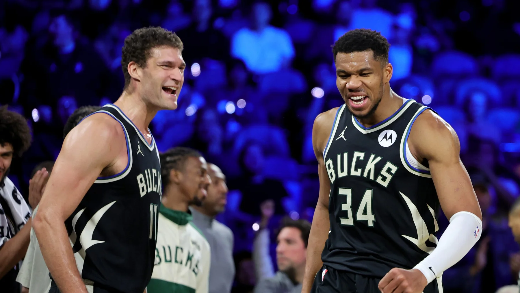 Giannis Antetokounmpo and Brook Lopez celebrating during the 2024 NBA Cup championship
