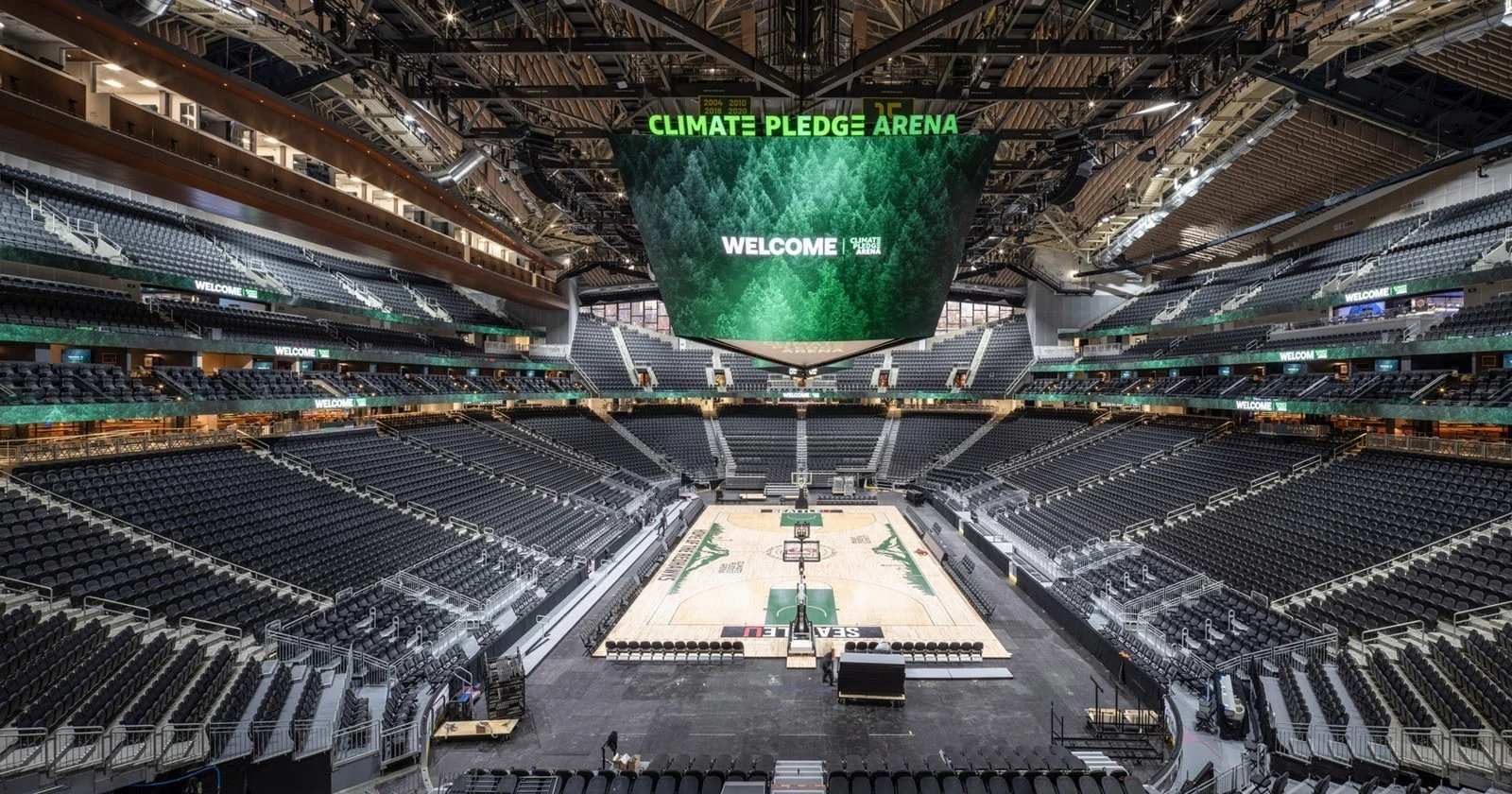 Climate Pledge Arena in Seattle prepared for a basketball event