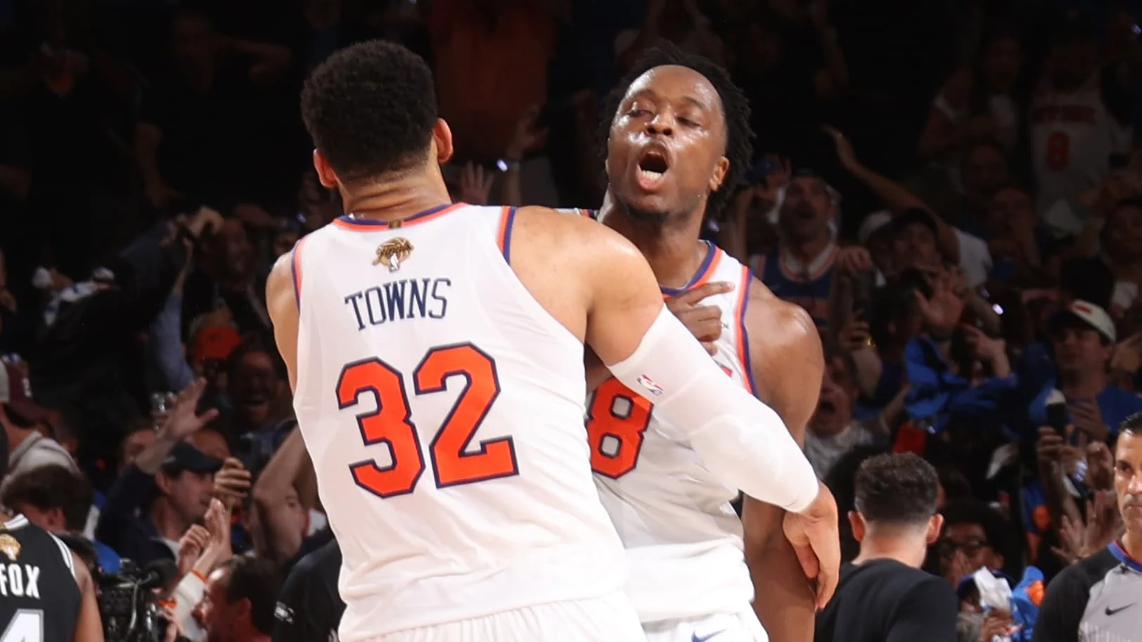 Karl-Anthony Towns and OG Anunoby celebrating after Game 4 of the 2026 NBA Finals