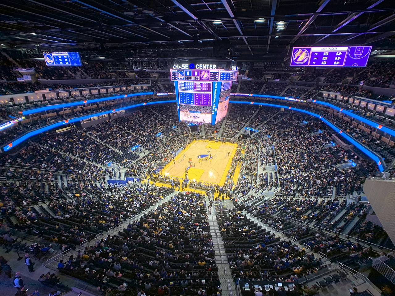 Wide interior view of Chase Center configured for a Golden State Warriors basketball game