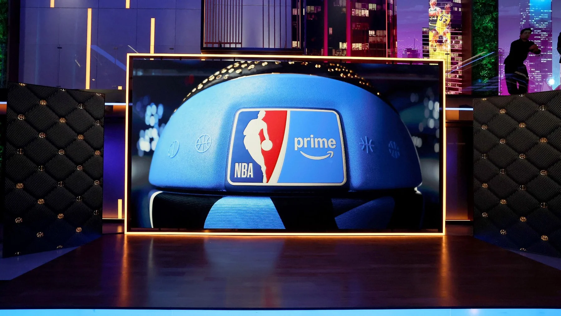 NBA on Prime branding displayed inside a broadcast studio